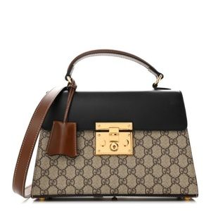 GG Gucci Supreme Monogram Calfskin Small Padlock Top Handle Bag Beige Black Cuir